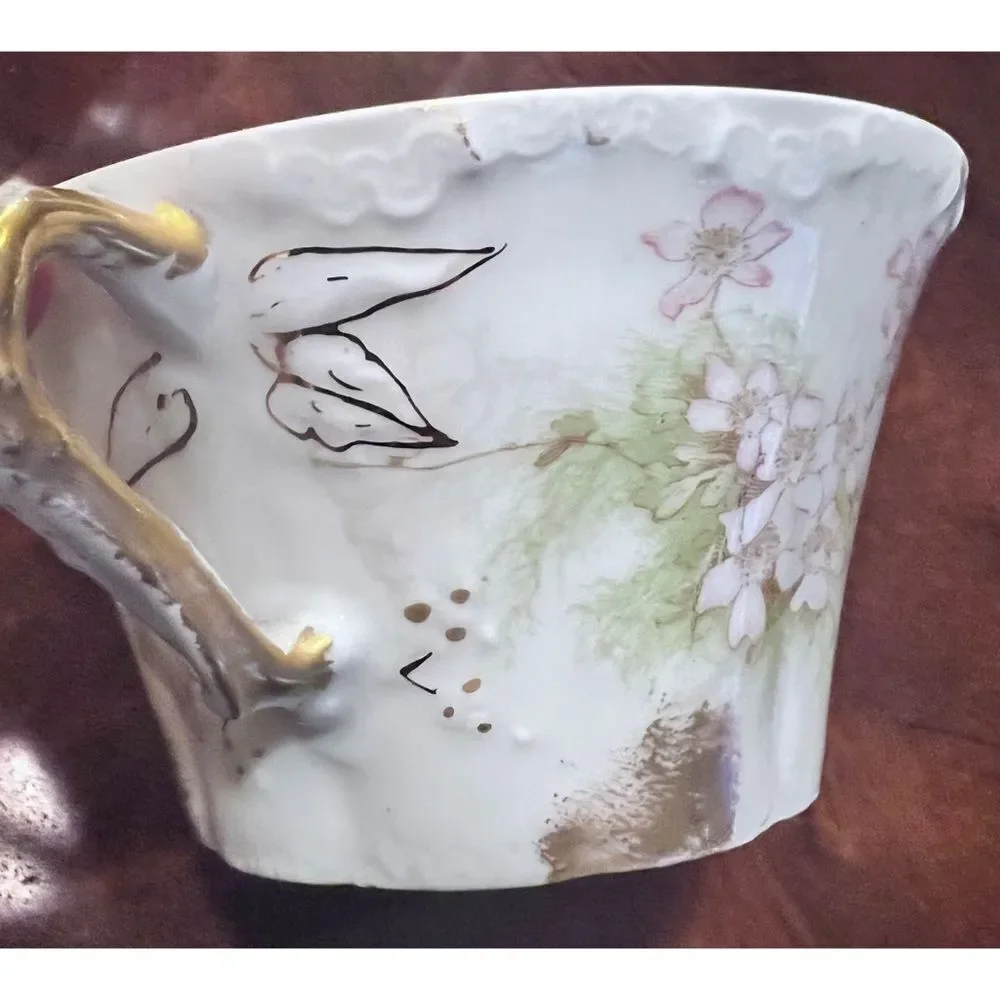 Porcelain Haviland Limoges France tea cup saucer pink green floral gold accent